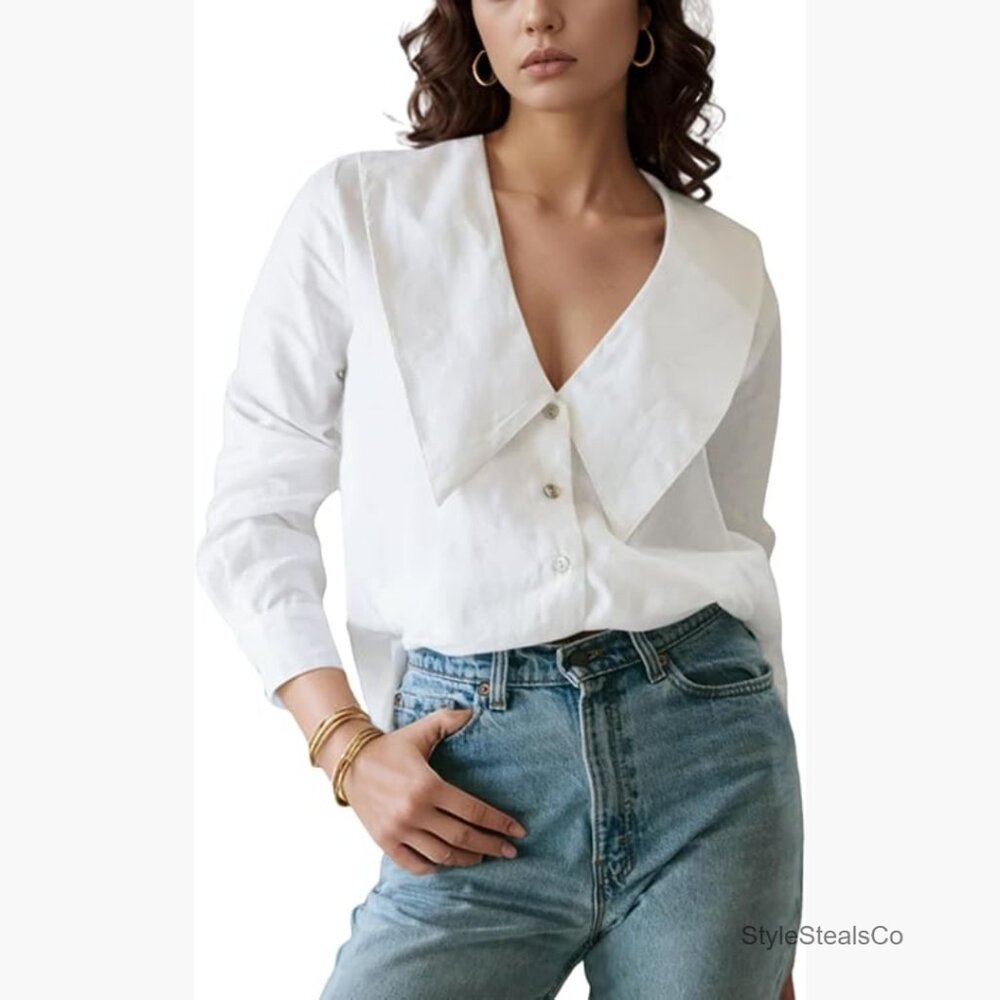 Long Sleeve V-Neck Button Down Shirt with Oversized Collar, Cotton Linen Blend